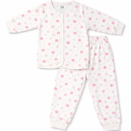 Newborn Baby 2-Piece fleece Cotton Suit – Front Open Shirt & Trouser Set (Pink Heart Print)