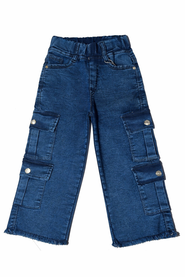 Girls Dark Blue Cargo Denim Jeans with Multiple Pockets & Frayed Hem (Kids)