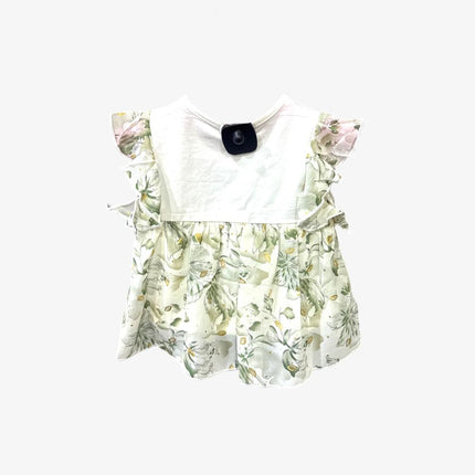 Girls White Green Floral Print Top