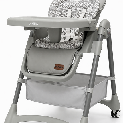 Premium Adjustable Baby High Chair with Storage Basket – Kidilo Grey Feeding Chair