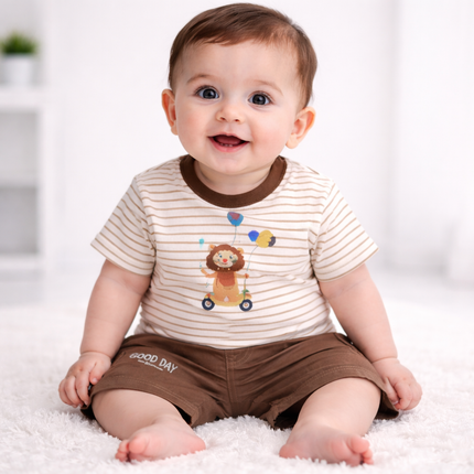 Lion Adventure Baby Boy 2-Piece Summer Set (Striped T-Shirt & Shorts – Brown)