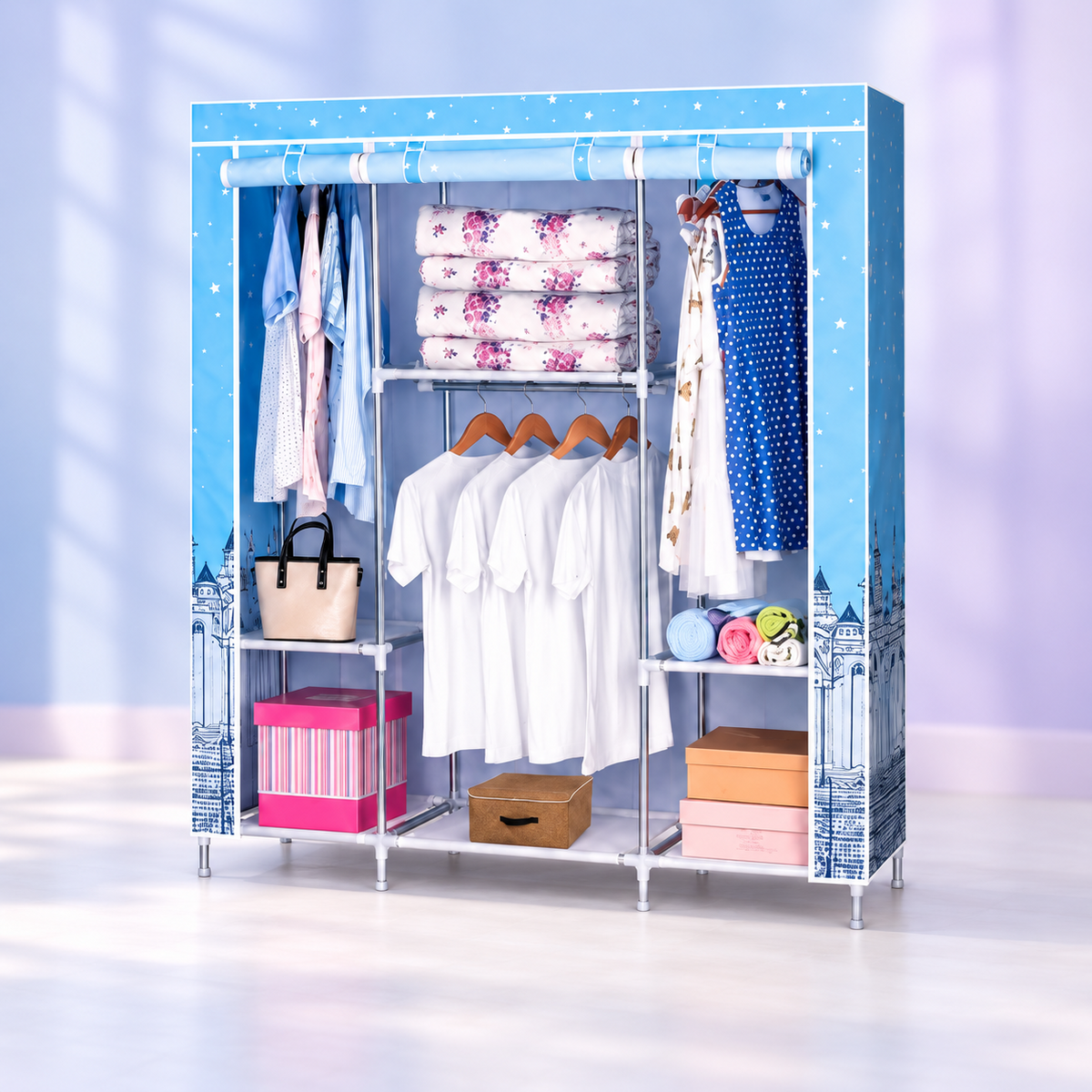 Portable Wardrobe Closet – Dustproof Clothes Storage Organizer with Hanging Rods & Multi-Tier Shelves