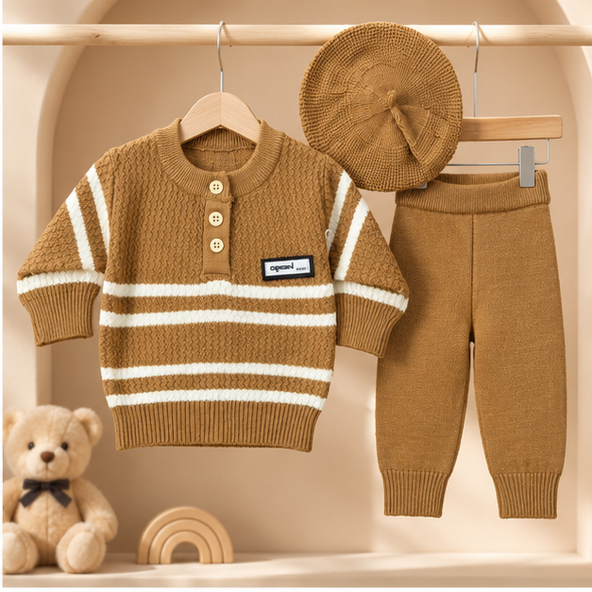 Baby Boys' 3-Piece Knitted Winter Set – Brown  K0738