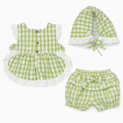 Baby Girl Green Gingham 3-Piece Outfit with Lace & Bonnet