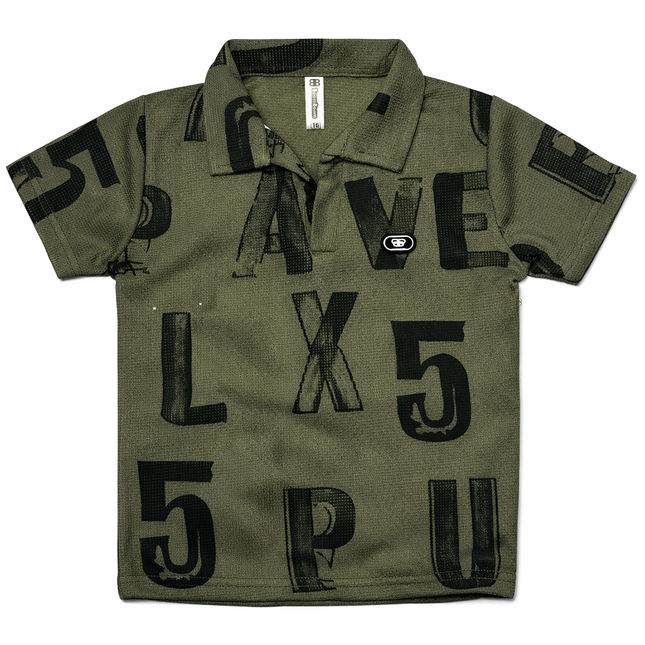 Kids Olive Green Printed Polo Shirt – Half Sleeves Collared Tee