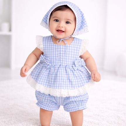 Blue Gingham Baby Girl 3-Piece Outfit Set (Top, Bloomers & Matching Bonnet)