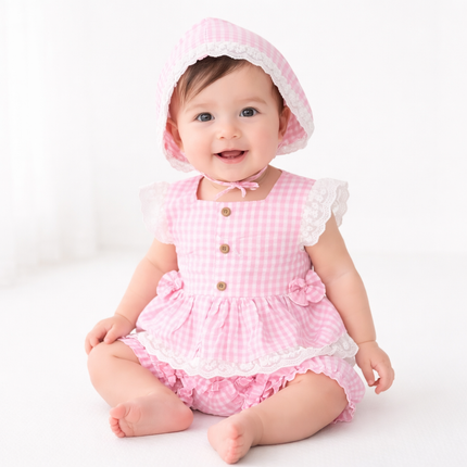 Pink Gingham Baby Girl 3-Piece Outfit Set (Top, Bloomers & Matching Bonnet)