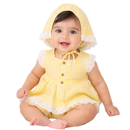 Baby Girl Yellow Gingham 3-Piece Summer Set with Bonnet