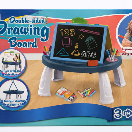 3 in 1 Double-Sided Kids Drawing Board Table – Chalkboard + Whiteboard + Activity Desk