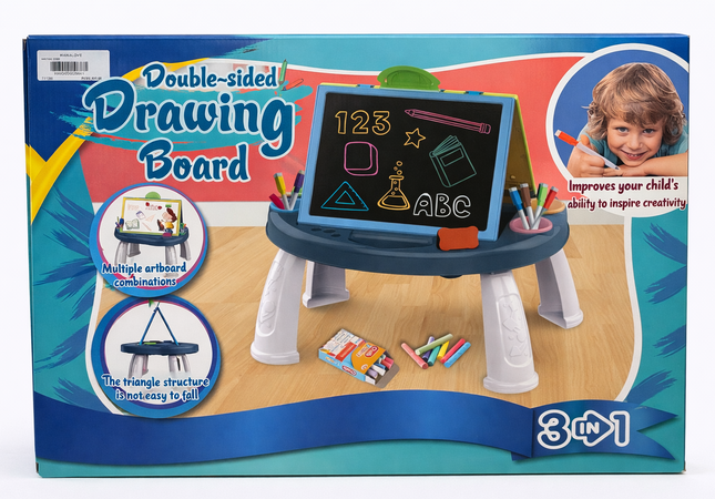 3 in 1 Double-Sided Kids Drawing Board Table – Chalkboard + Whiteboard + Activity Desk
