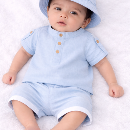 Baby Boy Sky Blue Summer Outfit Set with Hat (3-Piece)