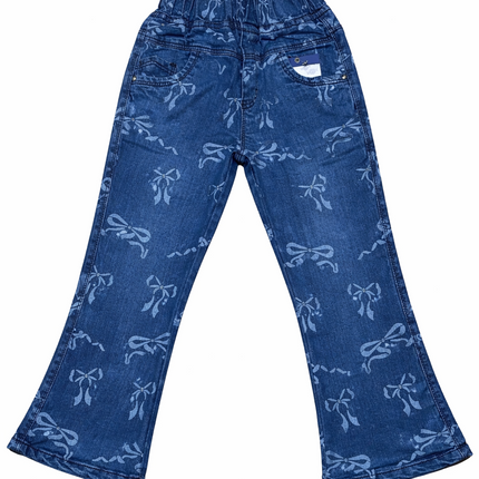 Girls Bow Print Flared Denim Pants – Stretchable Bell Bottom Jeans