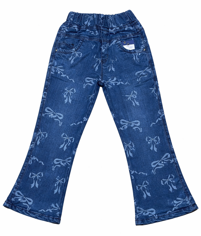 Girls Bow Print Flared Denim Pants – Stretchable Bell Bottom Jeans