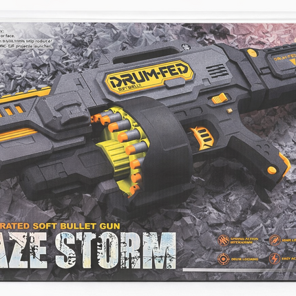 Blaze Storm Drum-Fed Soft Bullet Gun – Battery Operated Foam Dart Blaster (Grey/Orange)