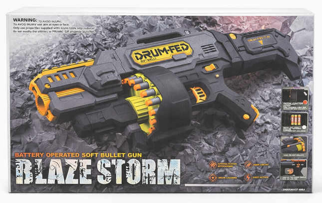 Blaze Storm Drum-Fed Soft Bullet Gun – Battery Operated Foam Dart Blaster (Grey/Orange)