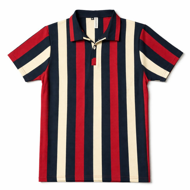 BOYS  Premium Striped Polo Shirt – Short Sleeve Collared T-Shirt (Navy/Red/Cream)