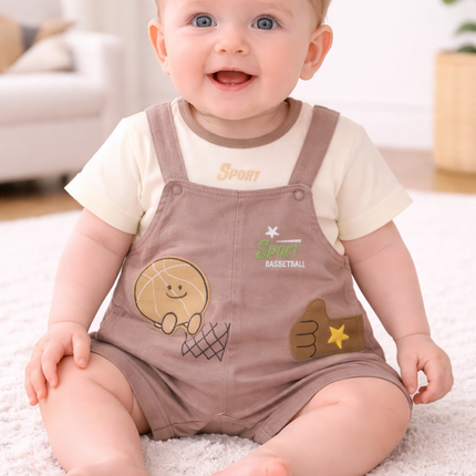 Baby Boys 2-Piece Sports Dungaree Set – Basketball Theme Cotton Outfit