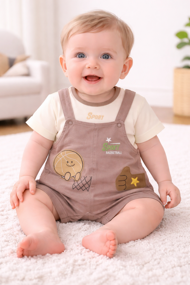 Baby Boys 2-Piece Sports Dungaree Set – Basketball Theme Cotton Outfit