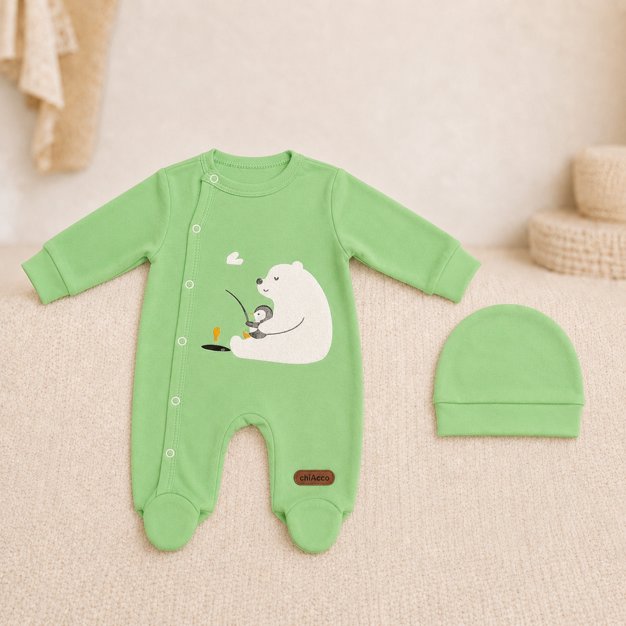 Unisex Baby Bear Fishing Early-Winter Footed Romper Set with Cap – Green