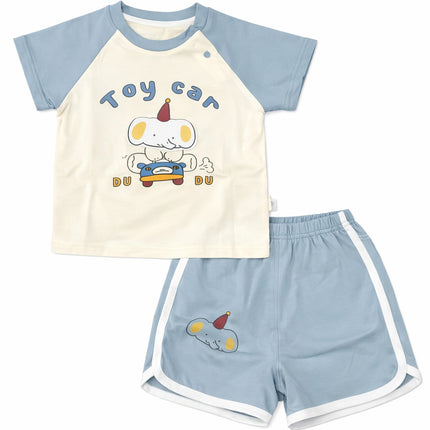 Kids Cotton Summer T-Shirt & Shorts Set – “Toy Car” Cartoon Print (Cream & Sky Blue)