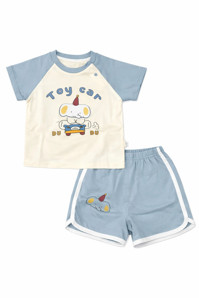 Kids Cotton Summer T-Shirt & Shorts Set – “Toy Car” Cartoon Print (Cream & Sky Blue)
