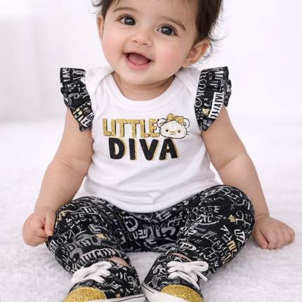 Little Diva Baby Girl 3-Piece Outfit Set (Bodysuit, Printed Pants & Shoes)