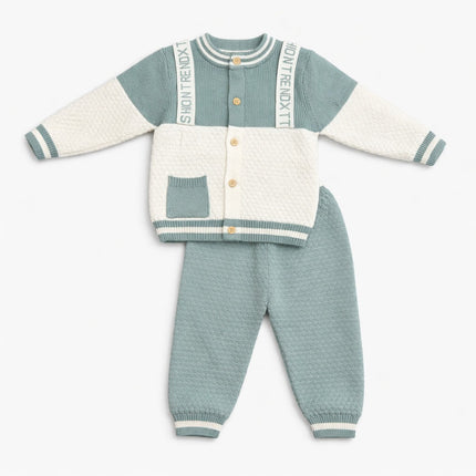 Trendy Knit Baby Outfit Set for 0–12 Months – Sage Green & Cream Two-Piece Cardigan Set