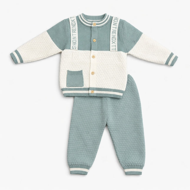 Trendy Knit Baby Outfit Set for 0–12 Months – Sage Green & Cream Two-Piece Cardigan Set