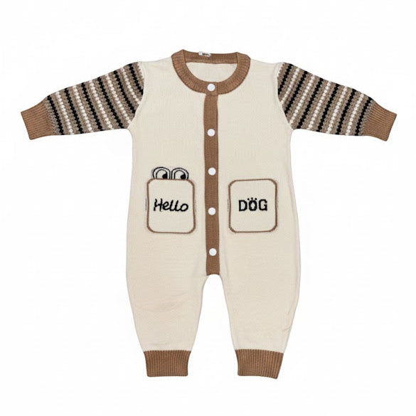 Cream Knitted Baby Romper with Patterned Sleeves – Hello Dog Design