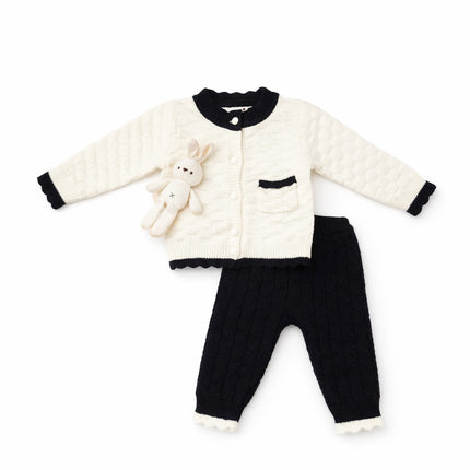 Classic Knit Baby Outfit Set for 0–6 Months – White Cardigan & Black Pants Two-Piece Set