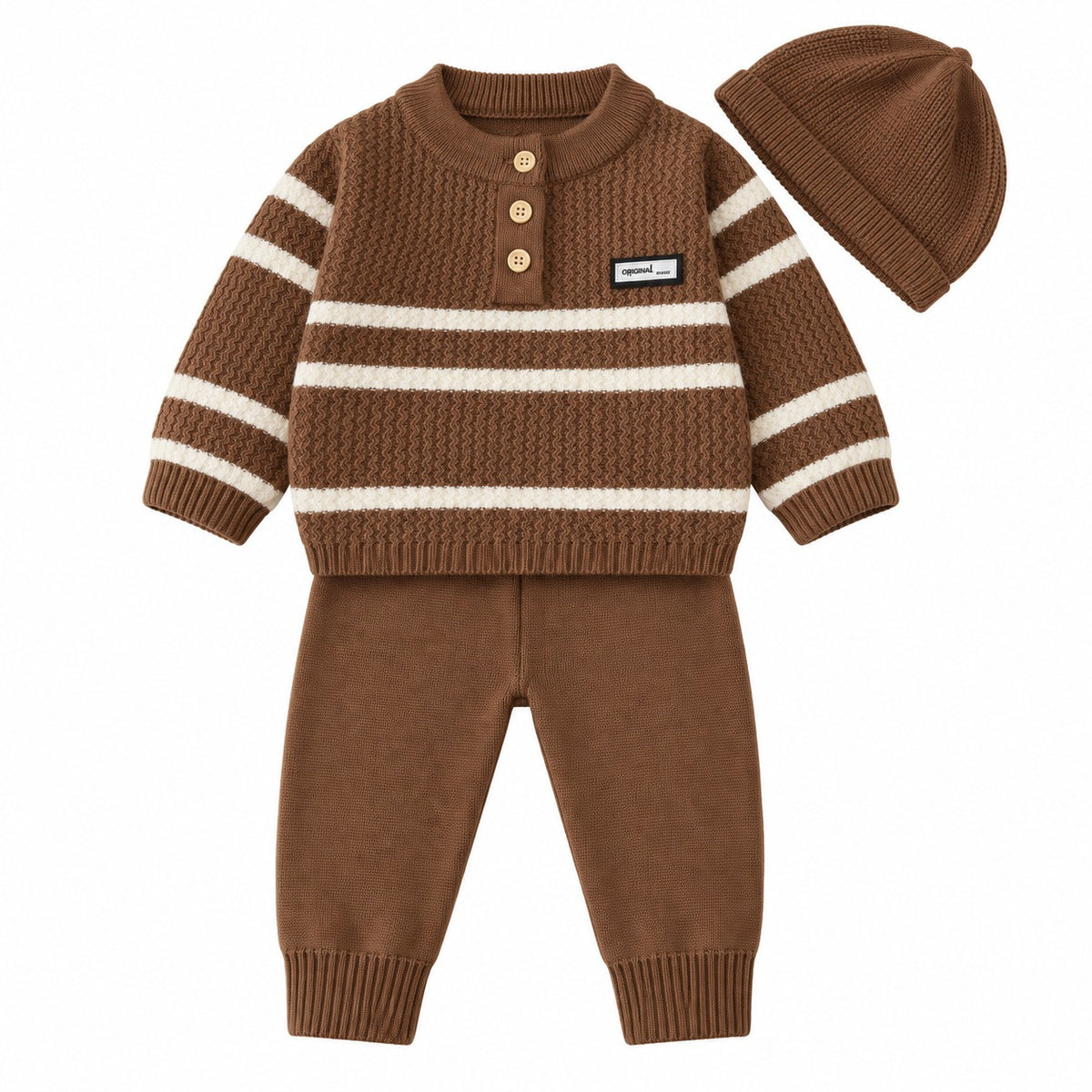 Baby Boys’ Striped Knitted Winter 3-Piece Set with Beanie