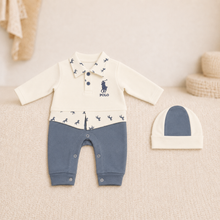 Early-Winter Polo Romper Set with Cap – Cream & Blue