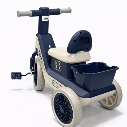 Kids Ride-On Pedal Tricycle with Storage Basket & Backrest – Navy Blue & Cream