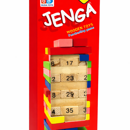 Numbered Wooden Tower Stacking Game with Dice (45 Blocks)