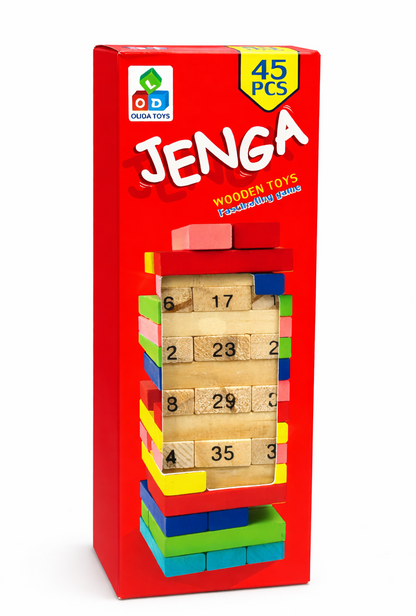 Numbered Wooden Tower Stacking Game with Dice (45 Blocks)