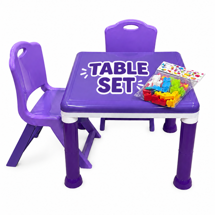 Kids Plastic Table Set with 2 Chairs & Building Blocks – Purple Study & Activity Tab