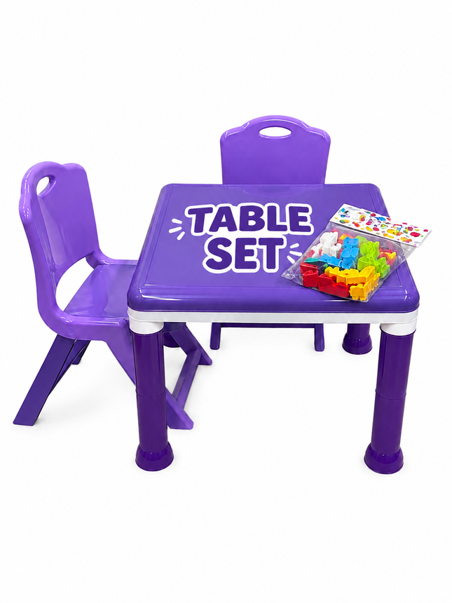Kids Plastic Table Set with 2 Chairs & Building Blocks – Purple Study & Activity Tab