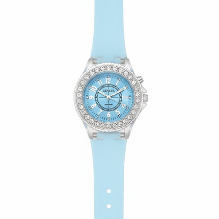 Kids Fancy Analog Watch – Light Blue Silicone Strap with Crystal Bezel