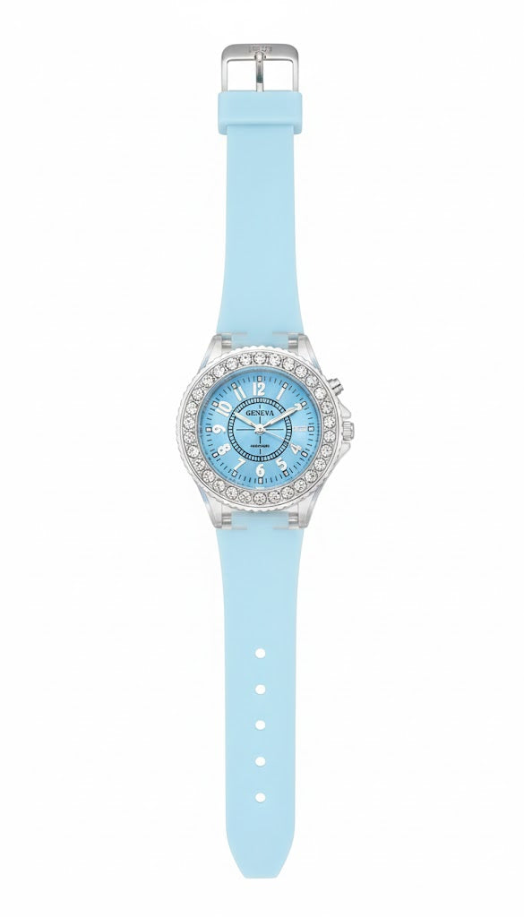 Kids Fancy Analog Watch – Light Blue Silicone Strap with Crystal Bezel
