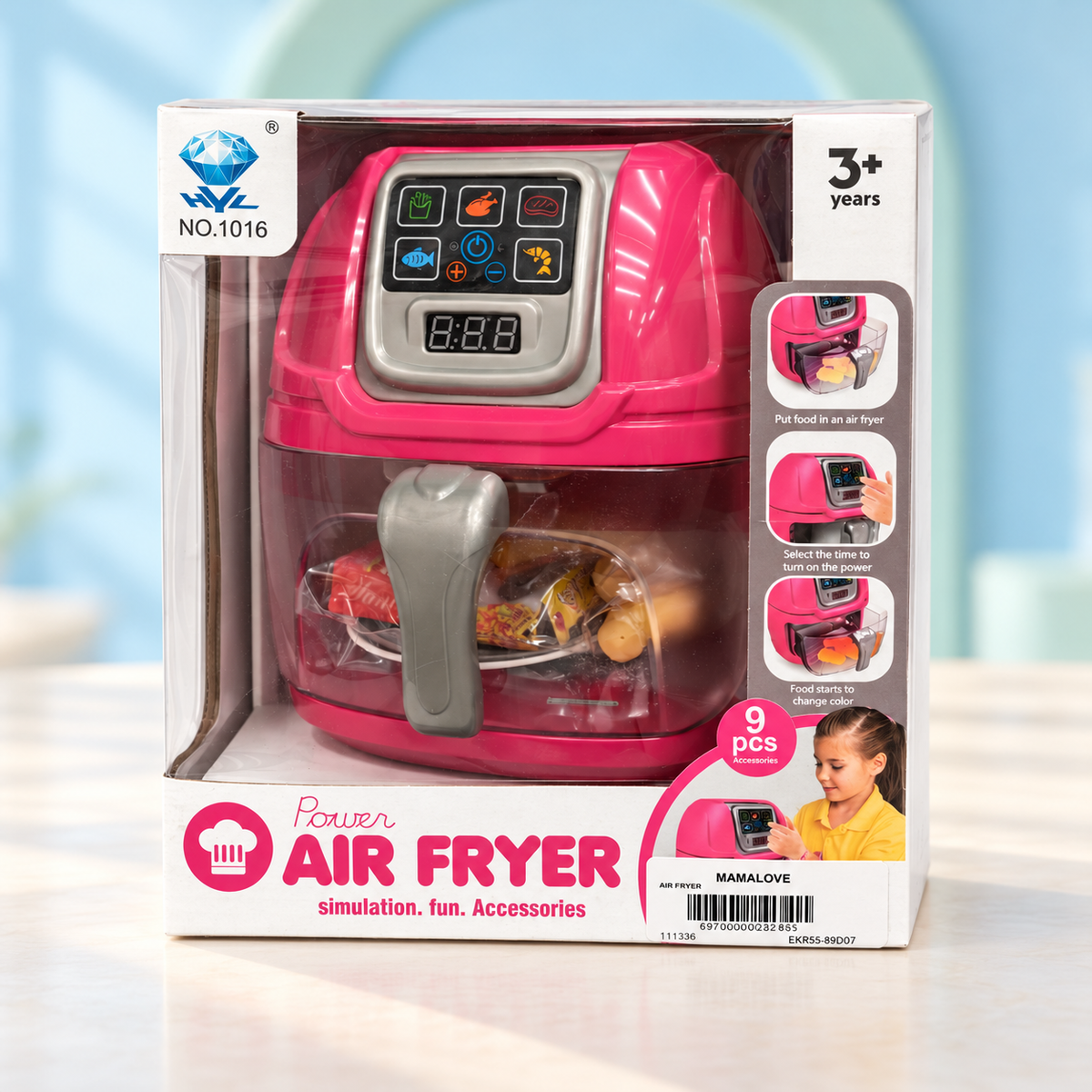 Kids Toy Air Fryer Play Set with 9 Accessories – Pretend Cooking Kitchen Toy