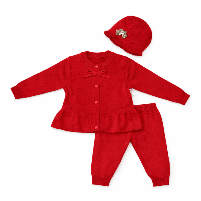 Elegant Knit Baby Outfit Set with Hat for 0–12 Months – Red Three-Piece Winter Set