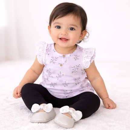 Floral Lavender Baby Girl 3-Piece Outfit Set (Ruffle Bodysuit, Leggings & Shoes)