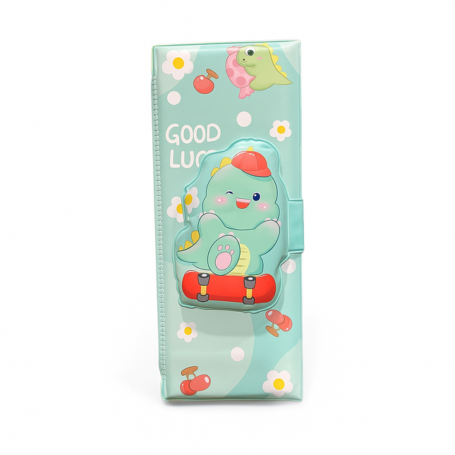 Cute Dinosaur “Good Luck” Pencil Box – Mint Green