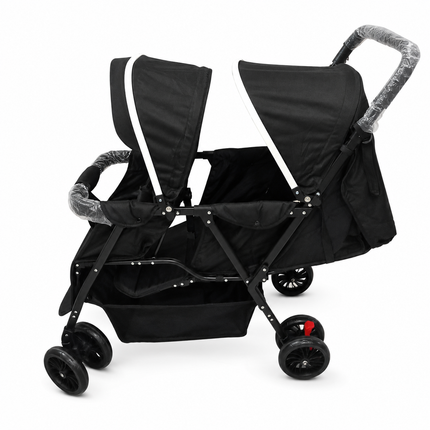 Twin Baby Stroller with Dual Canopies & Storage Basket – Black
