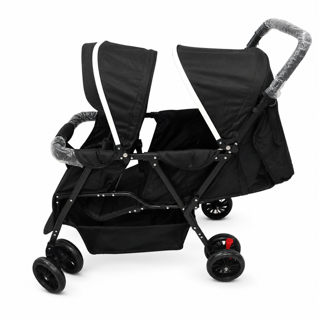 Twin Baby Stroller with Dual Canopies & Storage Basket – Black