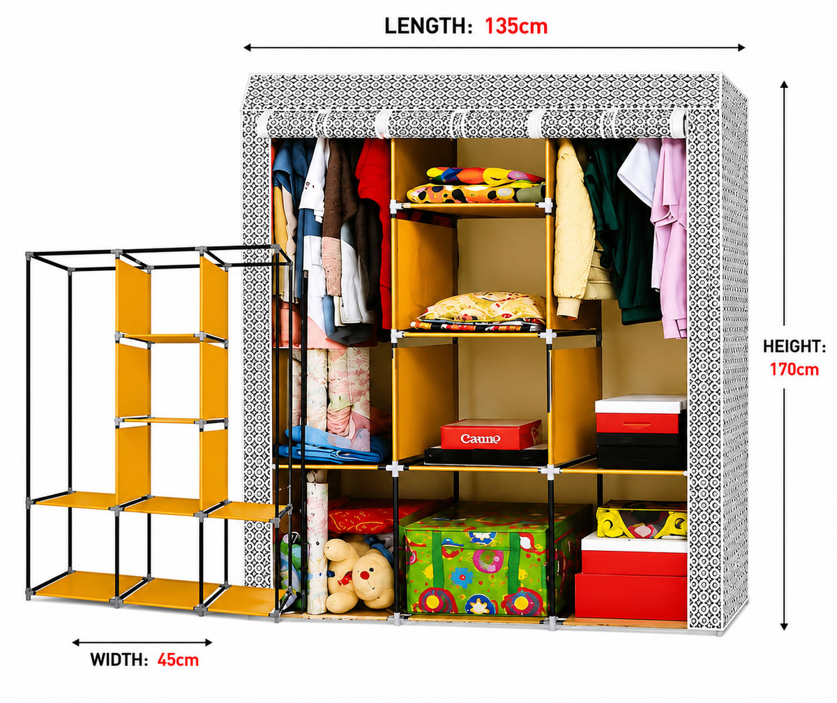 Portable Modular Fabric Wardrobe Closet – Multi-Compartment Clothes Organizer with Hanging Space & Storage Shelves