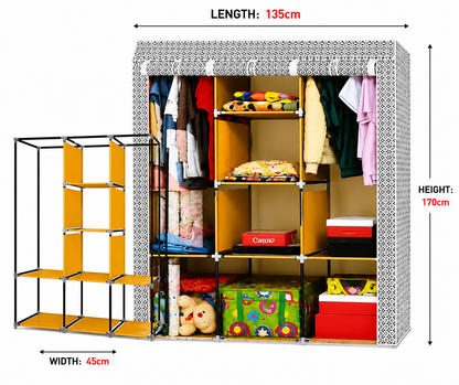 Portable Modular Fabric Wardrobe Closet – Multi-Compartment Clothes Organizer with Hanging Space & Storage Shelves