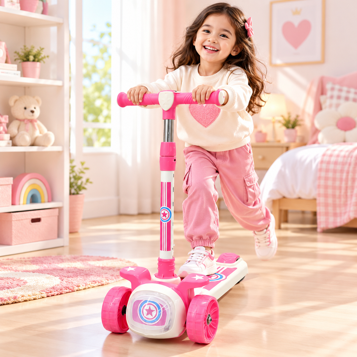 Pink 3-Wheel Scooter – Cute Star Design with Adjustable Handle