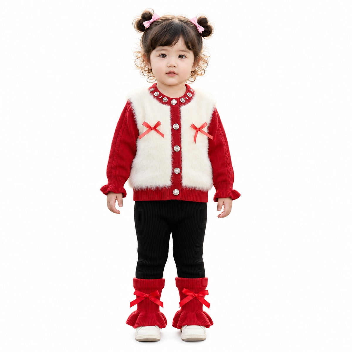 Baby Girls’ Bow-Detail Faux-Fur Knitted Winter 2-Piece Set – Red & Black