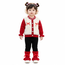 Baby Girls’ Bow-Detail Faux-Fur Knitted Winter 2-Piece Set – Red & Black